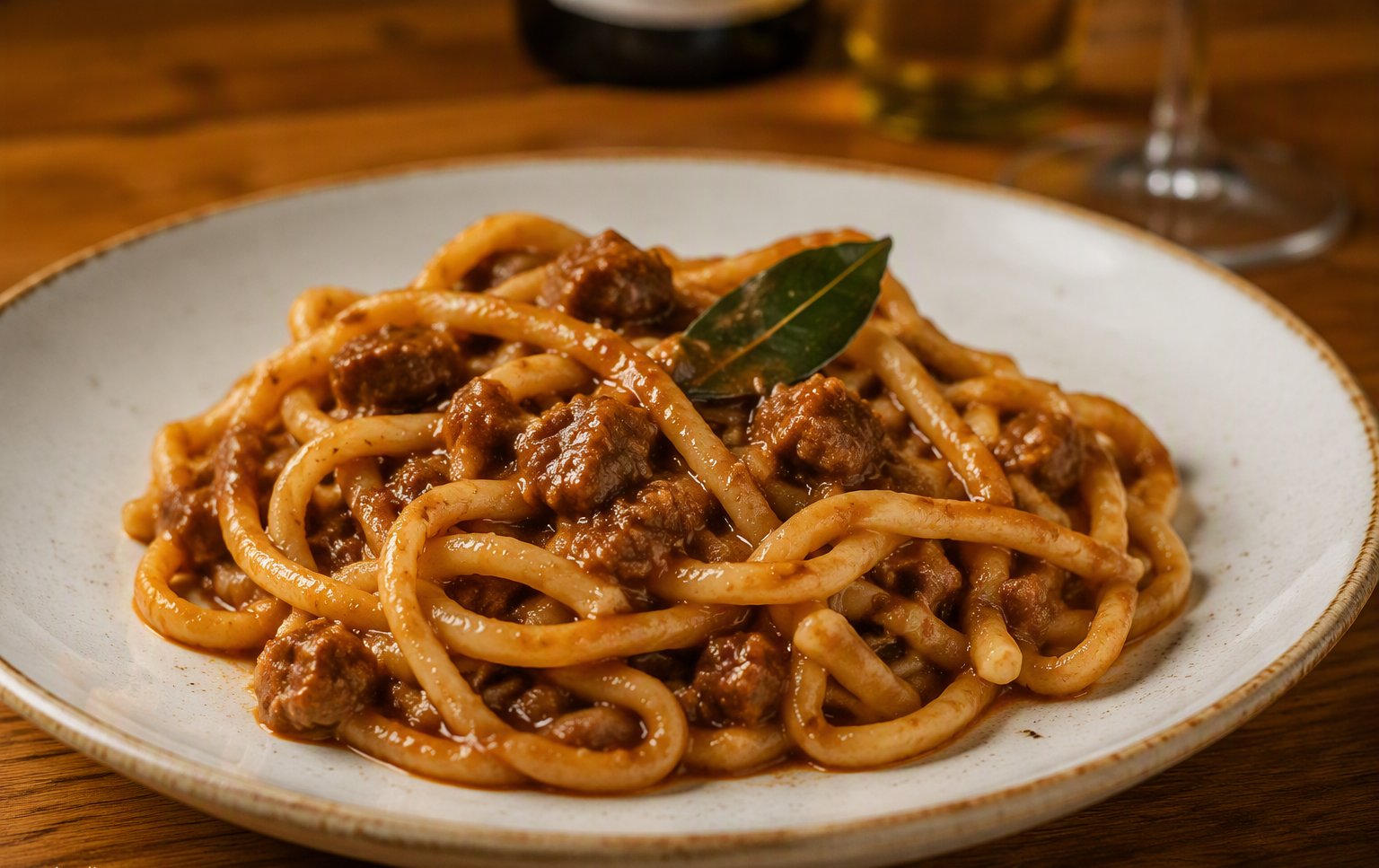 I pici al ragù di anatra con l'alloro